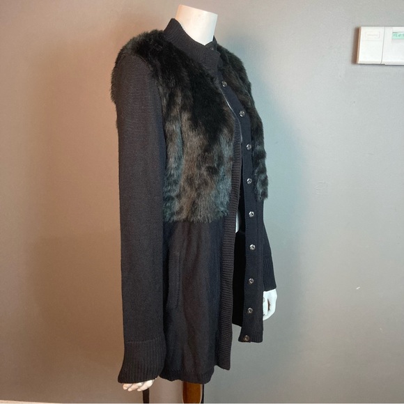 NWT T Tahari faux fur belted cardigan black wool blend large - Picture 5 of 11